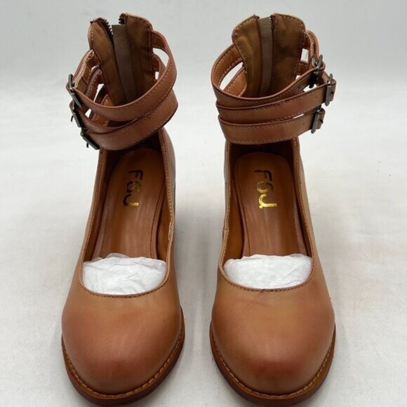 FSJ Brown Comfy Strap Buckle Pumps Round Toe Chunky Heel Evening Dress Shoes - Picture 2 of 7